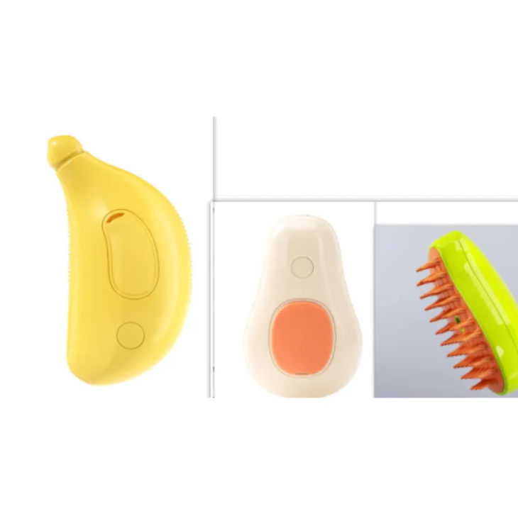3 In 1 Steam Pet Grooming Brush in yellow and white designs for effective pet grooming.