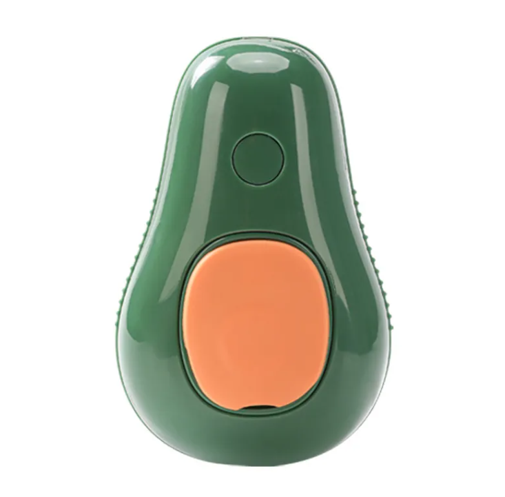 3 In 1 Steam Pet Grooming Brush in green color with orange button, perfect for pet grooming and hygiene.