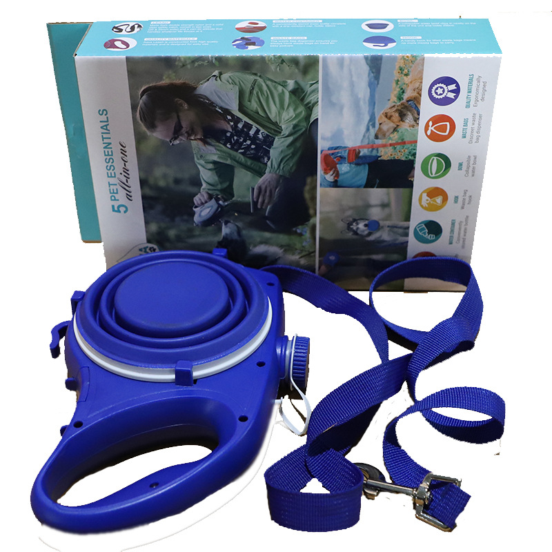 All In One Pet Travel Supply Set featuring a blue retractable leash and accompanying essentials for pet owners.