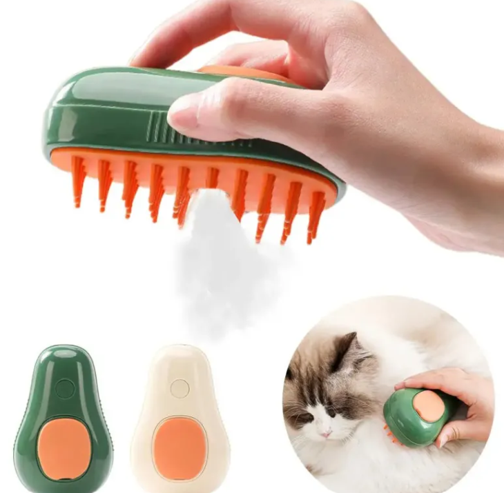 3 In 1 Steam Pet Grooming Brush being used to groom a cat with steam for a shiny coat.