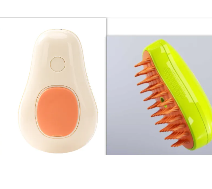 3 In 1 Steam Pet Grooming Brush features a sleek design with a button and flexible bristles for pet grooming.