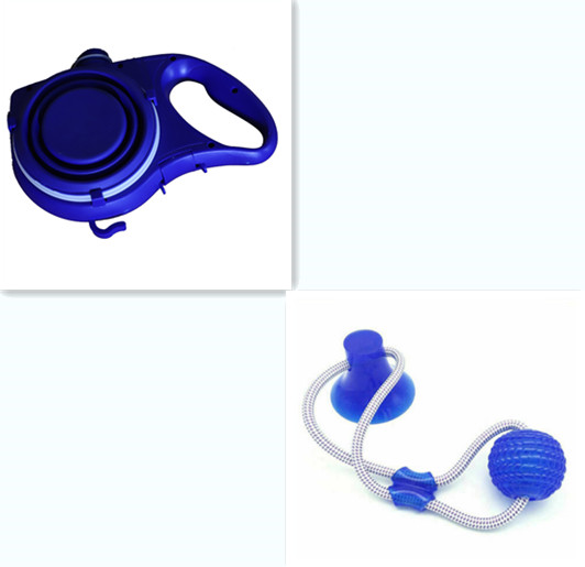 All In One Pet Travel Supply Set featuring a blue retractable leash and a rubber ball toy for pets.